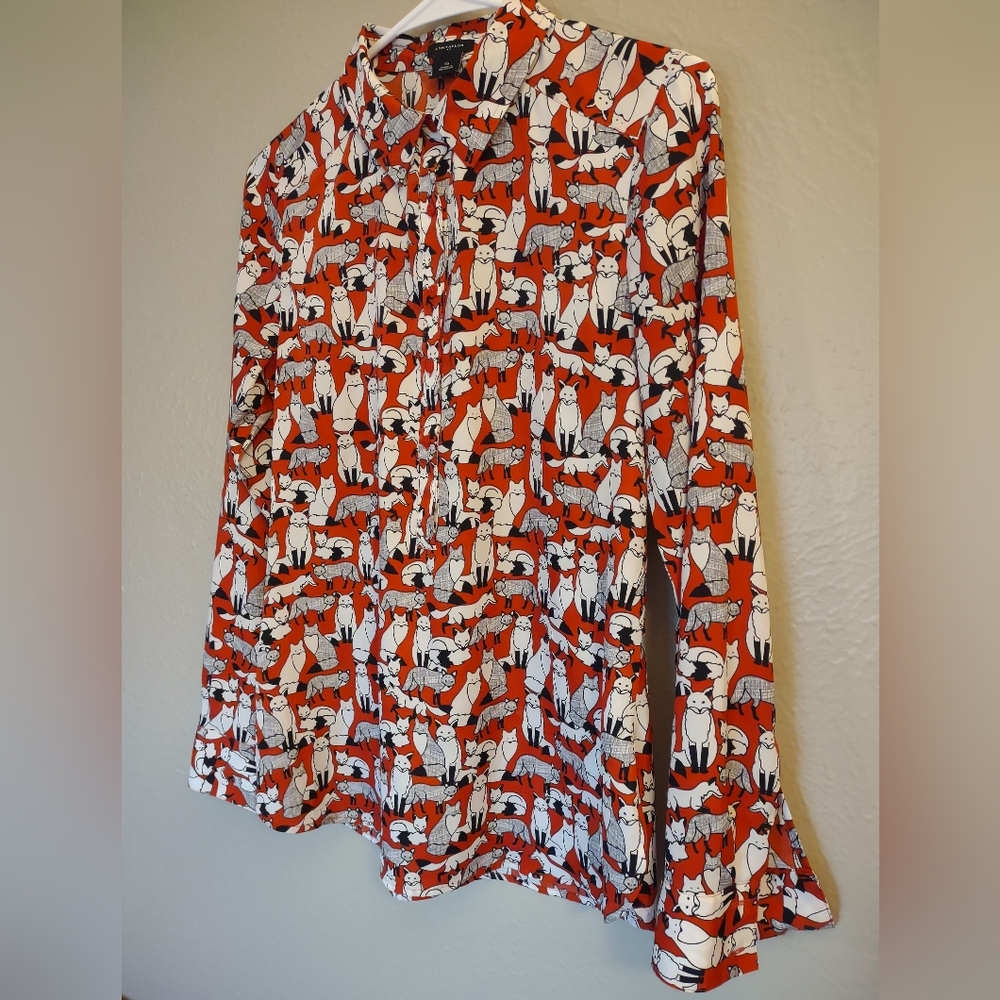 Ann Taylor Fox Print Long Sleeve Tunic Women's Blouse Xtra Small - Picture 3 of 11